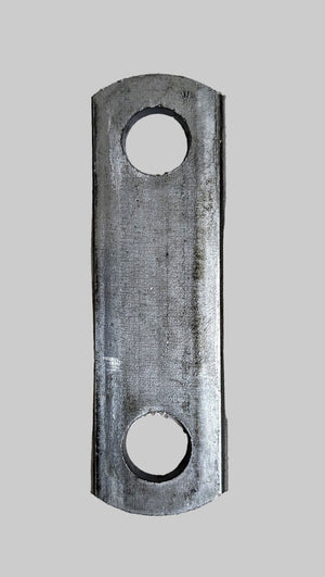 A black metal spring shackle link with two holes, used for axle parts and suspension.